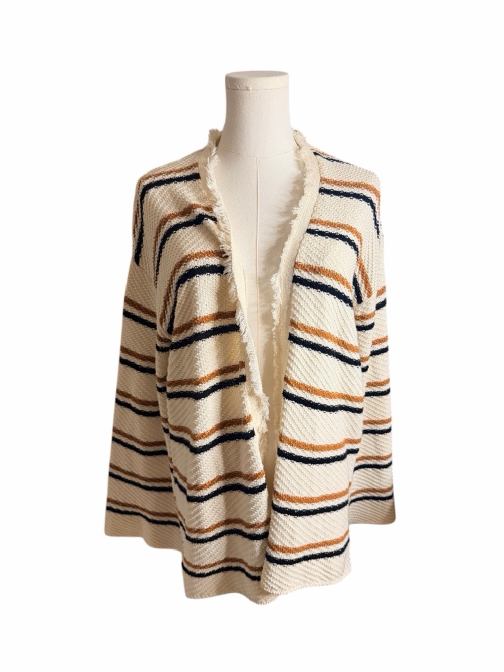 Saltwater Luxe Small Cream Striped Fringe Bell Sleeve Cardigan Sweater
